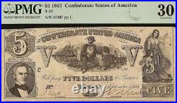 1861 $5 Dollar Bill Confederate States Currency CIVIL War Note Better T-37 Pmg
