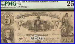 1861 $5 Dollar Bill Confederate States Currency CIVIL War Note Better T-37 Pmg