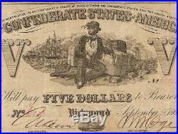 1861 $5 Dollar Bill Confederate States Currency CIVIL War Note Better T-37 Pmg