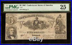 1861 $5 Dollar Bill Confederate States Currency CIVIL War Note Better T-37 Pmg