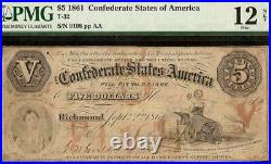 1861 $5 Dollar Bill Confederate States Currency CIVIL War Note Money T-32 Pmg 12