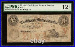 1861 $5 Dollar Bill Confederate States Currency CIVIL War Note Money T-32 Pmg 12