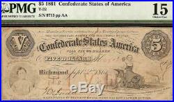 1861 $5 Dollar Bill Confederate States Currency CIVIL War Note Money T-32 Pmg 15