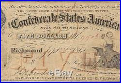 1861 $5 Dollar Bill Confederate States Currency CIVIL War Note Money T-32 Pmg 15