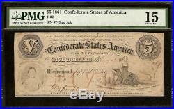 1861 $5 Dollar Bill Confederate States Currency CIVIL War Note Money T-32 Pmg 15