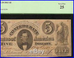 1861 $5 Dollar Bill Confederate States Currency CIVIL War Note Money T-34 Pcgs