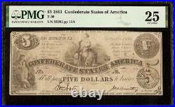 1861 $5 Dollar Bill Confederate States Currency CIVIL War Note Money T-36 Pmg 25