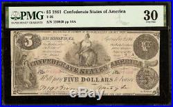 1861 $5 Dollar Bill Confederate States Currency CIVIL War Note Money T-36 Pmg 30
