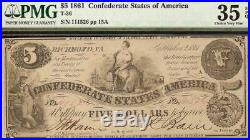 1861 $5 Dollar Bill Confederate States Currency CIVIL War Note Money T-36 Pmg 35