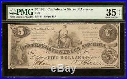 1861 $5 Dollar Bill Confederate States Currency CIVIL War Note Money T-36 Pmg 35