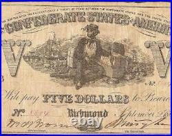 1861 $5 Dollar Bill Confederate States Currency CIVIL War Note Money T37 Pcgs 20