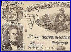 1861 $5 Dollar Bill Confederate States Currency CIVIL War Note Paper Money T-37