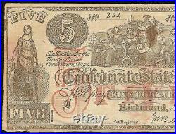 1861 $5 Dollar Bill Counterfeit Confederate States CIVIL War Era Note Ct-31