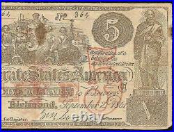 1861 $5 Dollar Bill Counterfeit Confederate States CIVIL War Era Note Ct-31