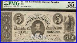 1861 $5 Dollar Confederate States Currency CIVIL War Note Money T-34 Pmg 55