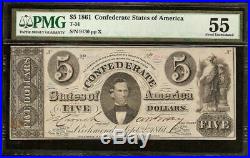 1861 $5 Dollar Confederate States Currency CIVIL War Note Money T-34 Pmg 55