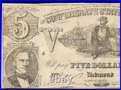 1861 $5 Dollar Confederate States Currency CIVIL War Note Old Paper Money T-37