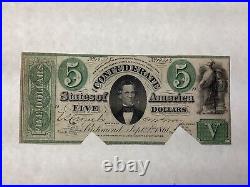 1861 $5 Five Dollars Confederate Civil War Currency T 33 Memminger