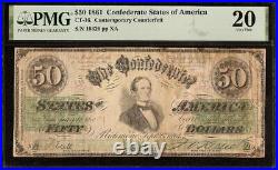 1861 $50 Bill Confederate States CIVIL War Era Counterfeit Note Ct-16 Pmg 20