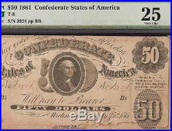 1861 $50 Dollar Bill Confederate Currency CIVIL War Note Paper Money T-8 Pmg Vf