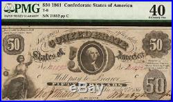 1861 $50 Dollar Bill Confederate States Currency CIVIL War Note Money T-8 Pmg 40
