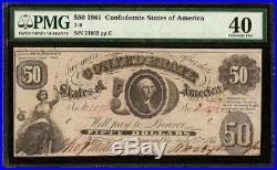 1861 $50 Dollar Bill Confederate States Currency CIVIL War Note Money T-8 Pmg 40