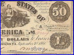 1861 $50 Dollar Bill Confederate States Currency CIVIL War Note Paper Money T-14