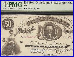 1861 $50 Dollar Bill Confederate States Currency CIVIL War Note T-8 Pmg 58