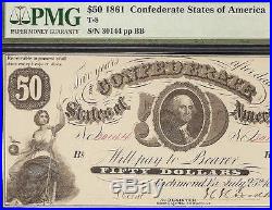 1861 $50 Dollar Bill Confederate States Currency CIVIL War Paper Note T8 Pmg 58