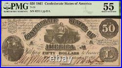 1861 $50 Dollar Confederate States Currency CIVIL War Note Money T-14 Pmg 55
