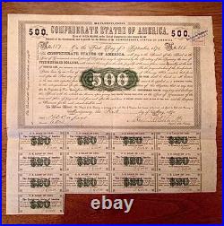1861 $500 Confederate States of America Bond -CSA Civil War Bond Cr 7 / Ball 6