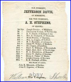 1861 Original Civil War Confederate Virginia Ballot, Jefferson Davis for Preside