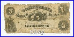 1861 T-11 $5 The Confederate States of America Note CIVIL WAR Era