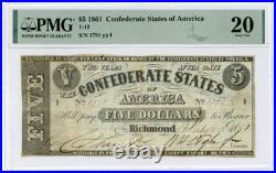 1861 T-12 $5 The Confederate States of America Note CIVIL WAR Era PMG VF 20