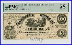 1861 T-13 $100 The Confederate States of America Note CIVIL WAR Era PMG AU 58