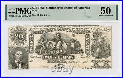 1861 T-20 $20 The Confederate States of America Note CIVIL WAR Era PMG AU 50