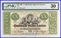 1861 T-21 $20 Confederate States of America -CIVIL WAR- PMG 30