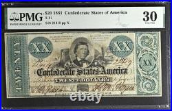 1861 T-21 $20 Confederate States of America -CIVIL WAR- PMG 30 Problem Free