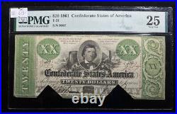1861 T-21 $20 RARE The Confederate States of America Note -CIVIL WAR- PMG VF 25