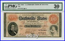 1861 T-24 $10 The Confederate States of America Note CIVIL WAR Era PMG VF 30