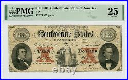 1861 T-26 $10 The Confederate States of America Note CIVIL WAR Era PMG VF 25