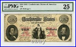 1861 T-26 $10 The Confederate States of America Note CIVIL WAR Era PMG VF 25