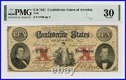1861 T-26 $10 The Confederate States of America Note CIVIL WAR Era PMG VF 30