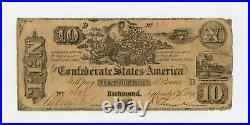 1861 T-29 $10 The Confederate States of America Note CIVIL WAR Era
