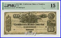 1861 T-29 $10 The Confederate States of America Note CIVIL WAR Era PMG F 15