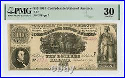 1861 T-30 $10 The Confederate States of America Note CIVIL WAR Era PMG VF 30