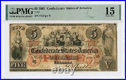 1861 T-31 $5 The Confederate States of America Note CIVIL WAR Era PMG Fine 15