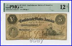 1861 T-32 $5 The Confederate States of America Note CIVIL WAR Era PMG Fine 12