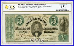 1861 T-33 $5 The Confederate States of America Note CIVIL WAR Era PCGS Fine 15