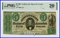 1861 T-33 $5 The Confederate States of America Note CIVIL WAR Era PMG VF 20